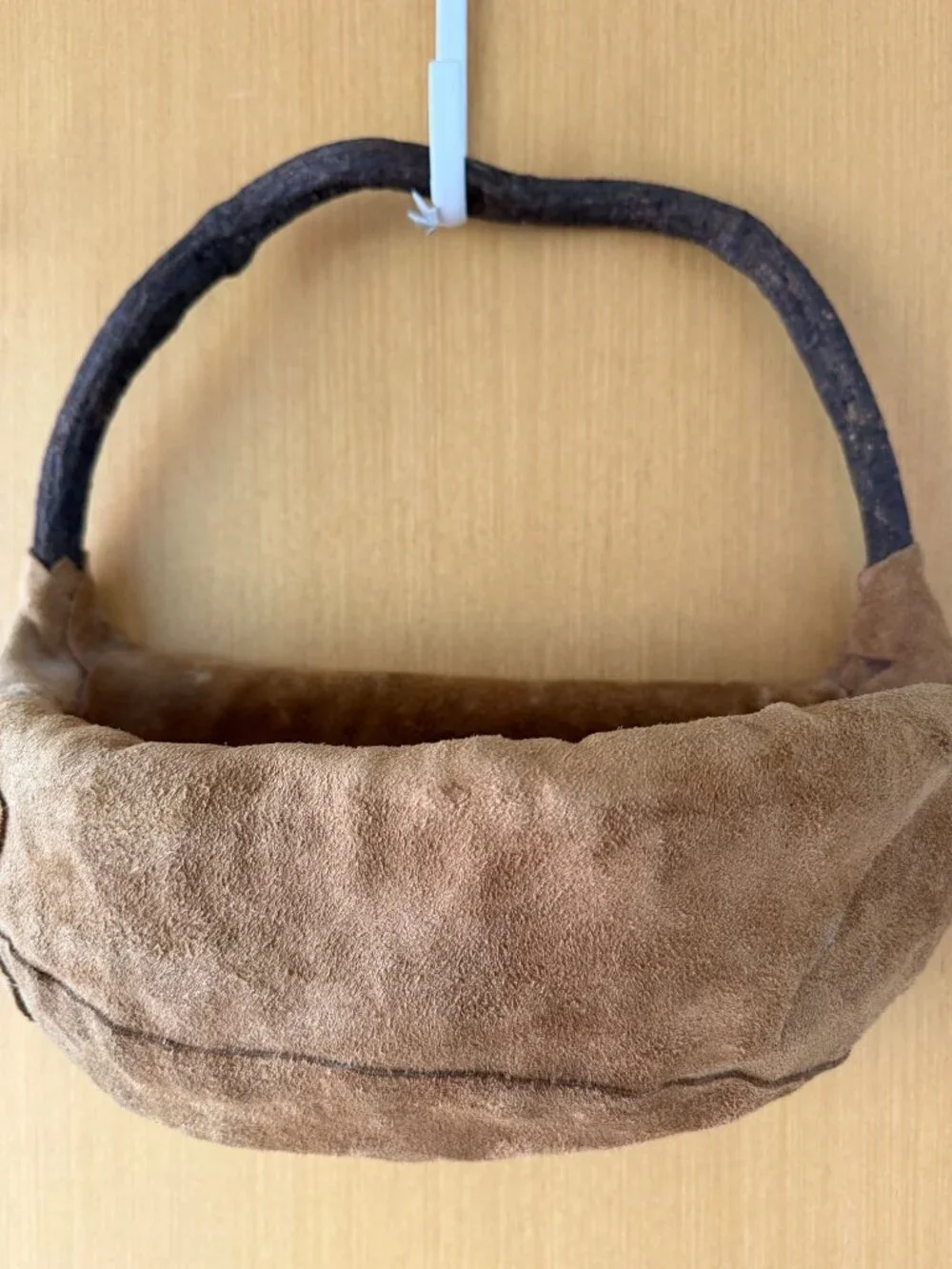 Vintage Handmade Bent Wood Suede Covered Wall Basket Brown Hobo Artist Signed